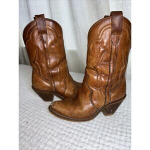 Western Cowboy Boots Leather Made in Brazil Branded Distress Tan 6.5 B VINTAGE